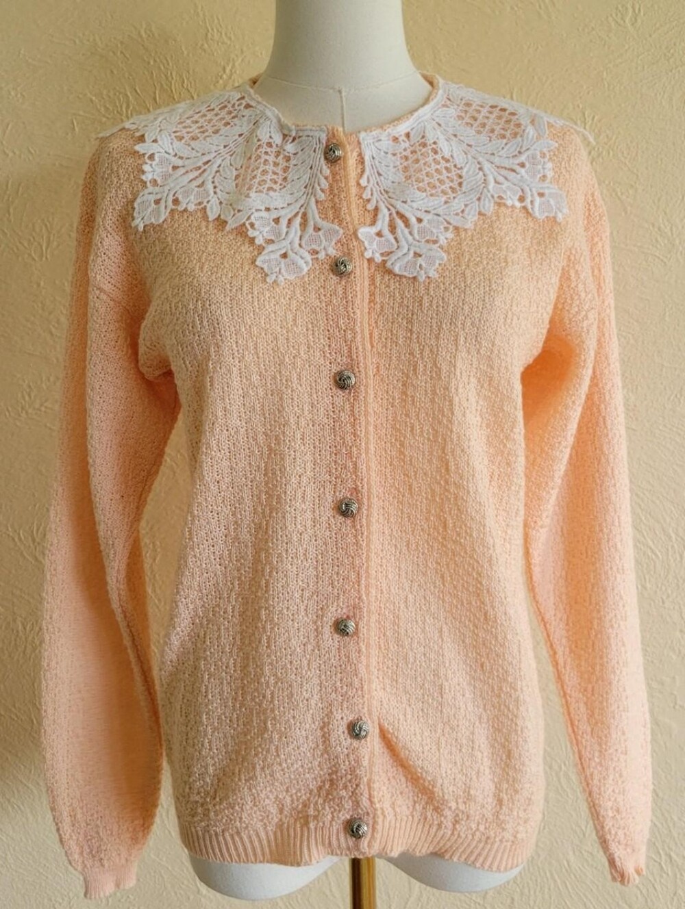 Vintage Peach Knit Lace Peter Pan Collar Cardian